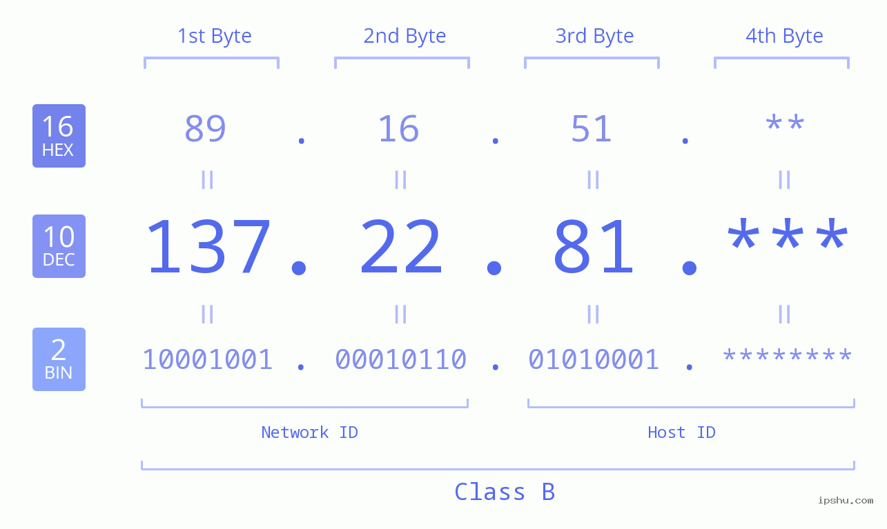 IP Address: 137.22.81 Data Structure Chart BIN DEC HEX IPv4: 137.22.81 Network Class, Net ID, Host ID
