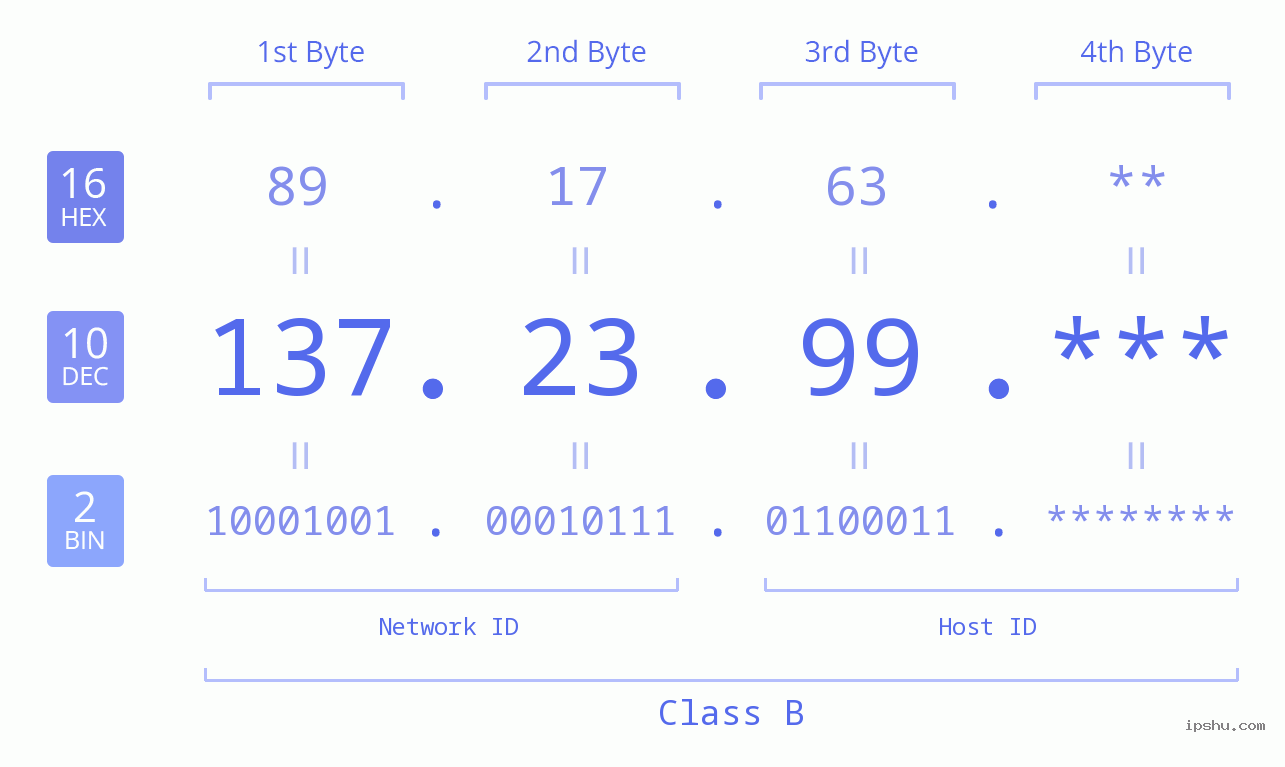 IP Address: 137.23.99 Data Structure Chart BIN DEC HEX IPv4: 137.23.99 Network Class, Net ID, Host ID