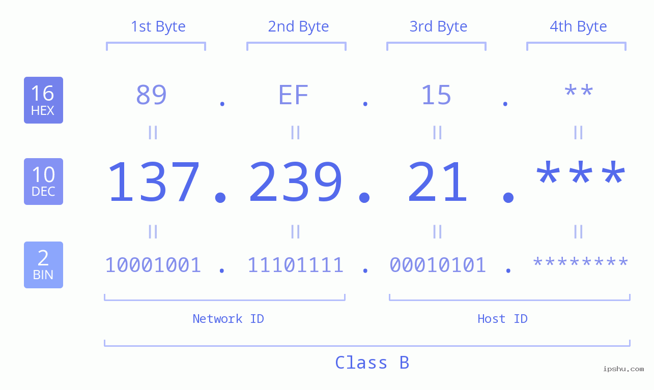 IP Address: 137.239.21 Data Structure Chart BIN DEC HEX IPv4: 137.239.21 Network Class, Net ID, Host ID
