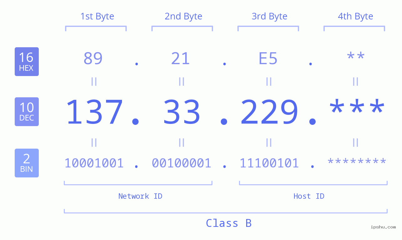 IP Address: 137.33.229 Data Structure Chart BIN DEC HEX IPv4: 137.33.229 Network Class, Net ID, Host ID