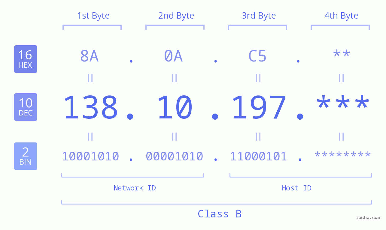 IP Address: 138.10.197 Data Structure Chart BIN DEC HEX IPv4: 138.10.197 Network Class, Net ID, Host ID