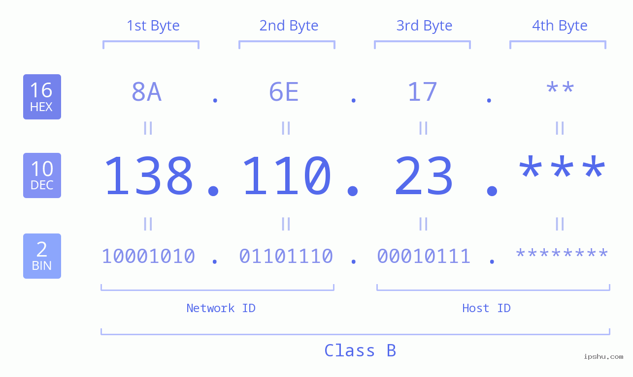 IP Address: 138.110.23 Data Structure Chart BIN DEC HEX IPv4: 138.110.23 Network Class, Net ID, Host ID