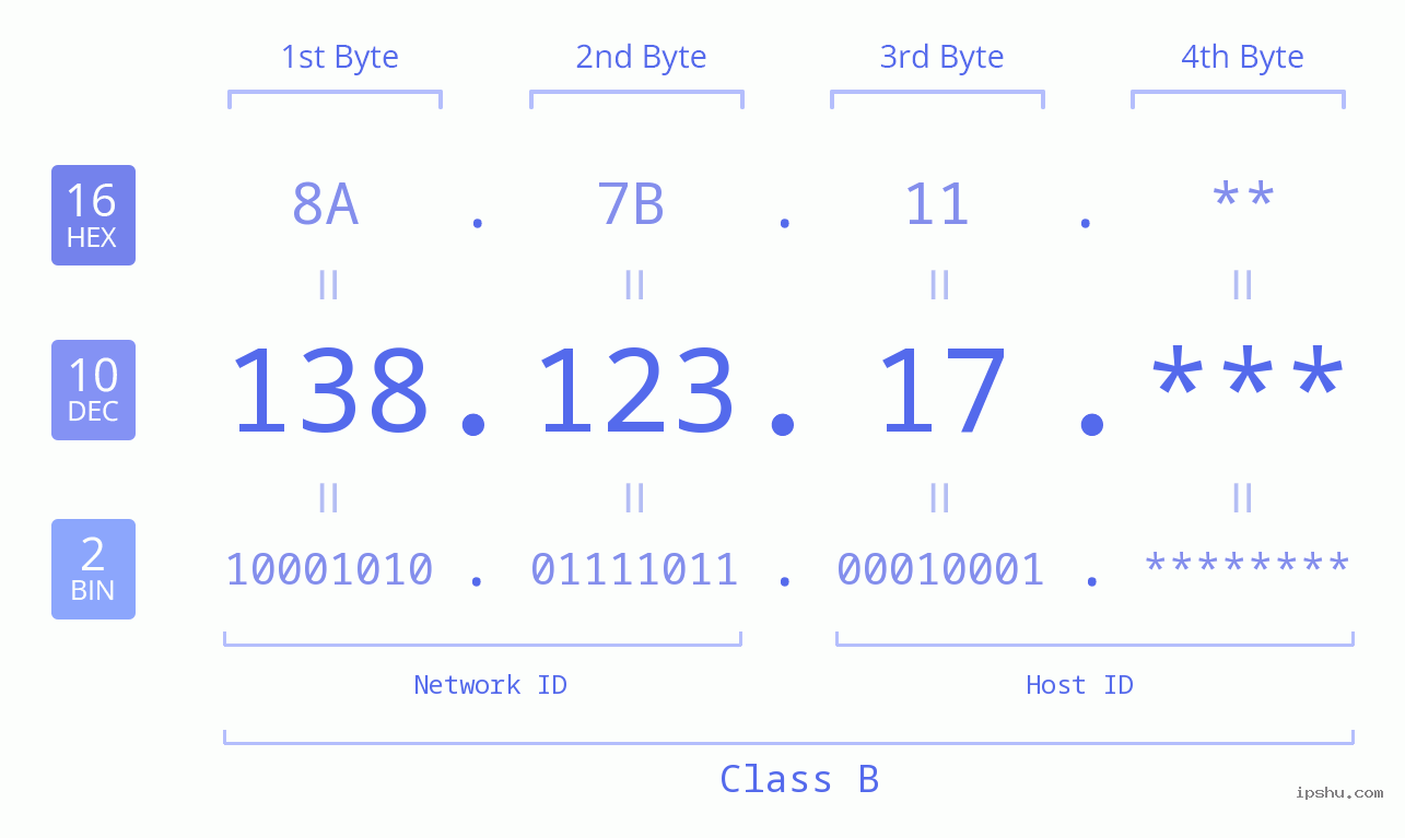 IP Address: 138.123.17 Data Structure Chart BIN DEC HEX IPv4: 138.123.17 Network Class, Net ID, Host ID