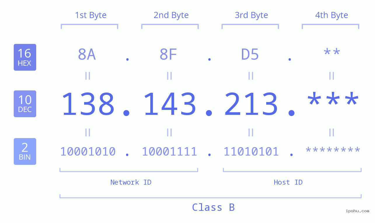 IP Address: 138.143.213 Data Structure Chart BIN DEC HEX IPv4: 138.143.213 Network Class, Net ID, Host ID