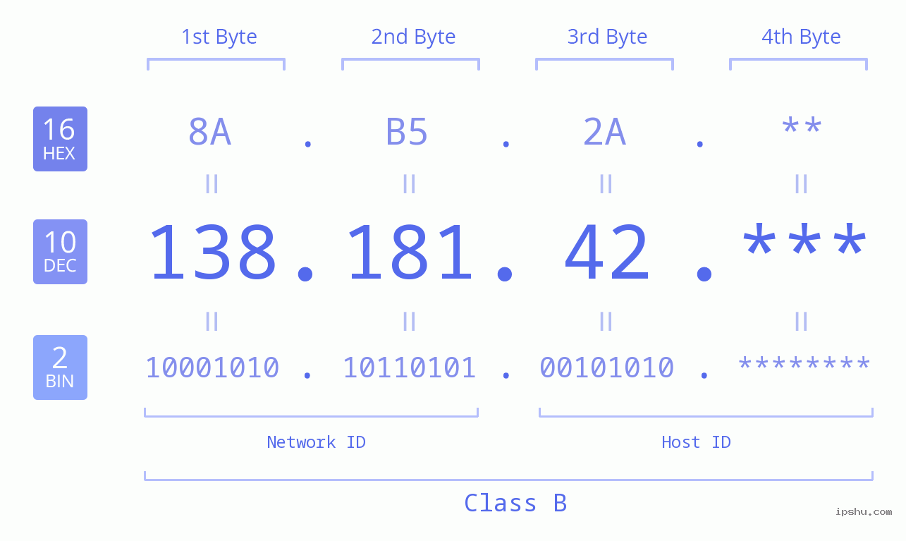 IP Address: 138.181.42 Data Structure Chart BIN DEC HEX IPv4: 138.181.42 Network Class, Net ID, Host ID