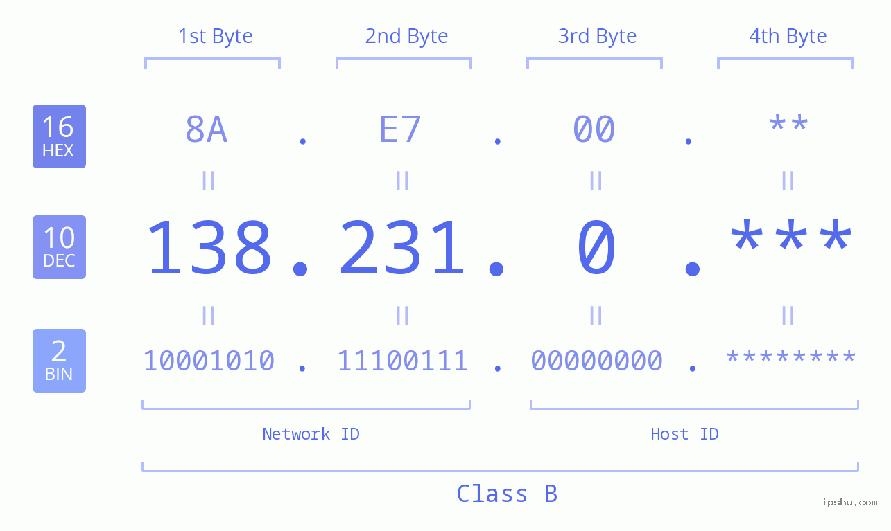 IP Address: 138.231.0 Data Structure Chart BIN DEC HEX IPv4: 138.231.0 Network Class, Net ID, Host ID