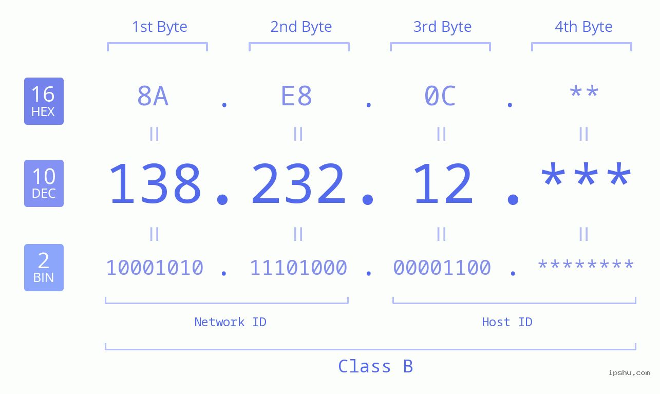 IP Address: 138.232.12 Data Structure Chart BIN DEC HEX IPv4: 138.232.12 Network Class, Net ID, Host ID