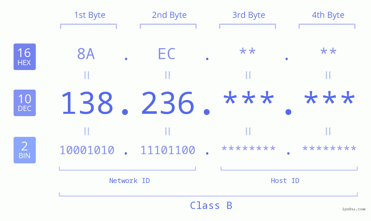 IP Address: 138.236 Data Structure Chart BIN DEC HEX IPv4: 138.236 Network Class, Net ID, Host ID