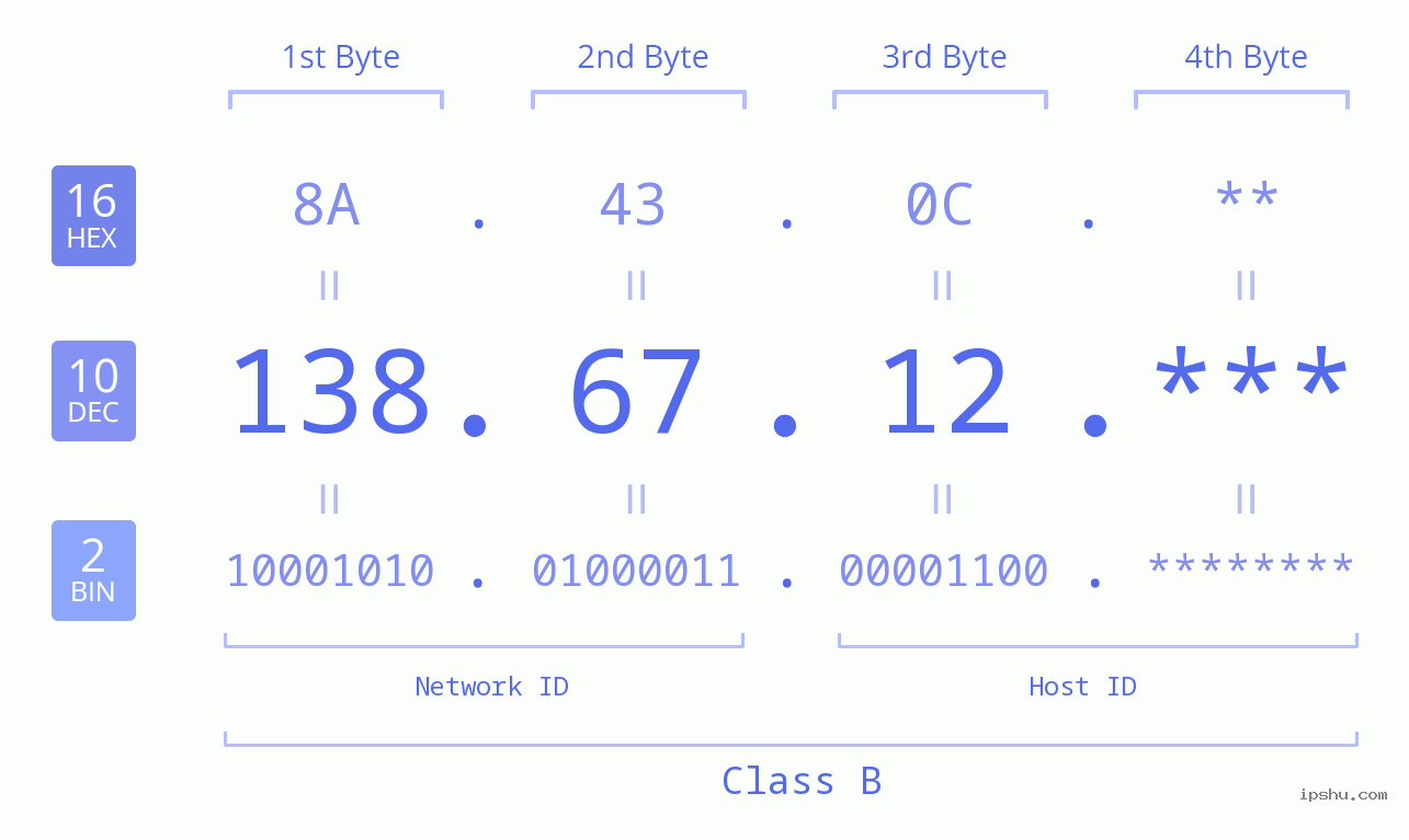 IP Address: 138.67.12 Data Structure Chart BIN DEC HEX IPv4: 138.67.12 Network Class, Net ID, Host ID