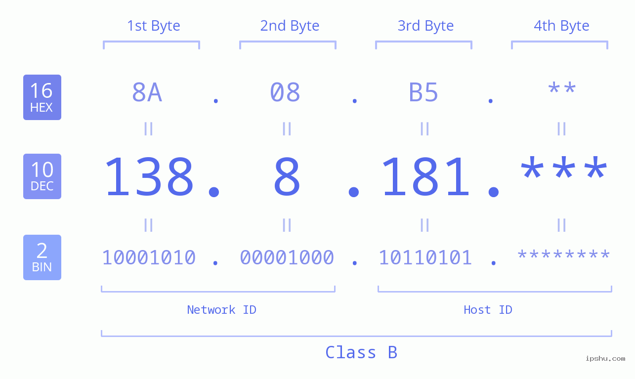 IP Address: 138.8.181 Data Structure Chart BIN DEC HEX IPv4: 138.8.181 Network Class, Net ID, Host ID