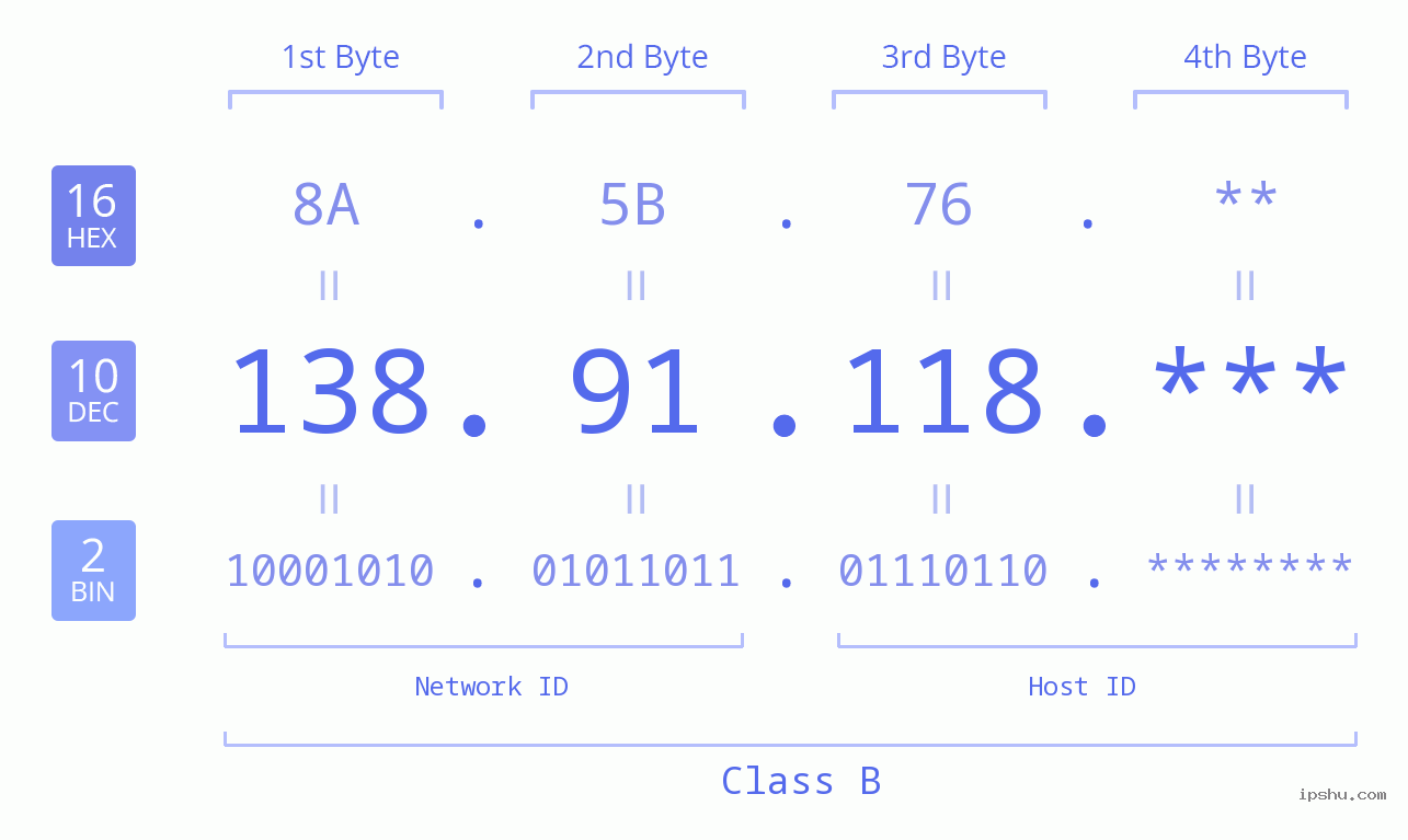 IP Address: 138.91.118 Data Structure Chart BIN DEC HEX IPv4: 138.91.118 Network Class, Net ID, Host ID