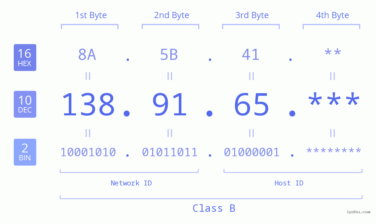 IP Address: 138.91.65 Data Structure Chart BIN DEC HEX IPv4: 138.91.65 Network Class, Net ID, Host ID