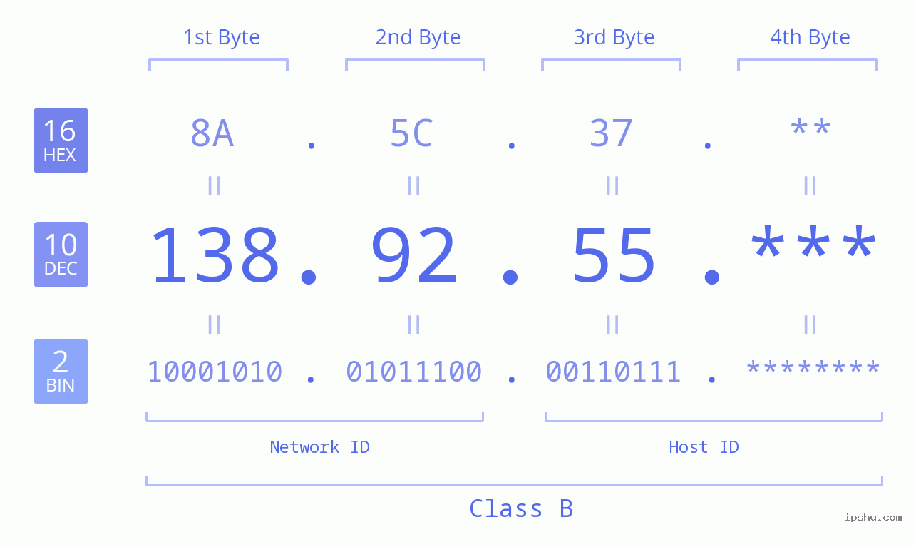 IP Address: 138.92.55 Data Structure Chart BIN DEC HEX IPv4: 138.92.55 Network Class, Net ID, Host ID