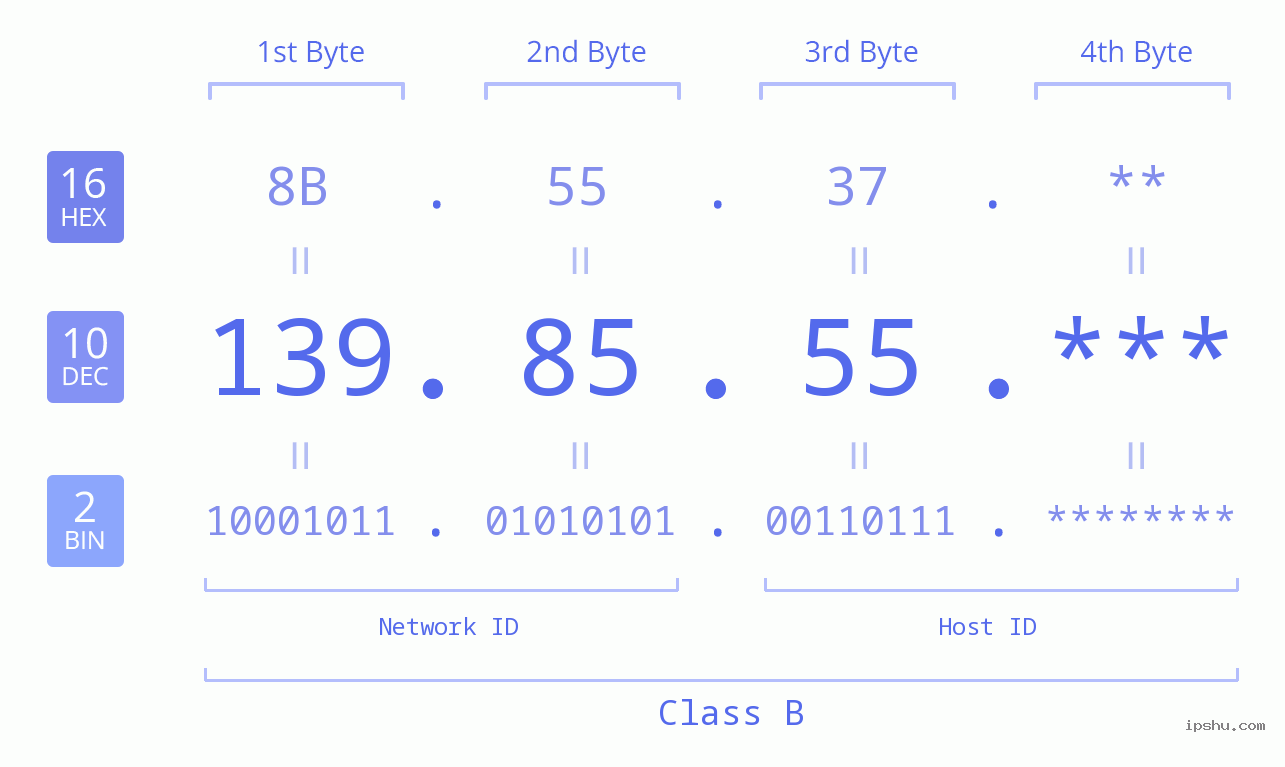 IP Address: 139.85.55 Data Structure Chart BIN DEC HEX IPv4: 139.85.55 Network Class, Net ID, Host ID