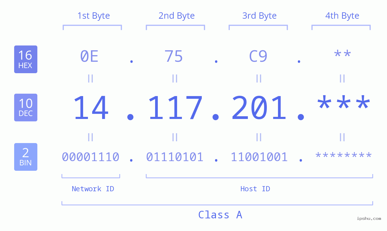IP Address: 14.117.201 Data Structure Chart BIN DEC HEX IPv4: 14.117.201 Network Class, Net ID, Host ID