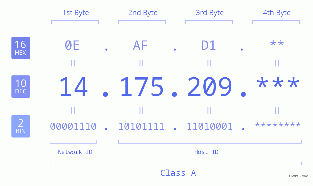 IP Address: 14.175.209 Data Structure Chart BIN DEC HEX IPv4: 14.175.209 Network Class, Net ID, Host ID