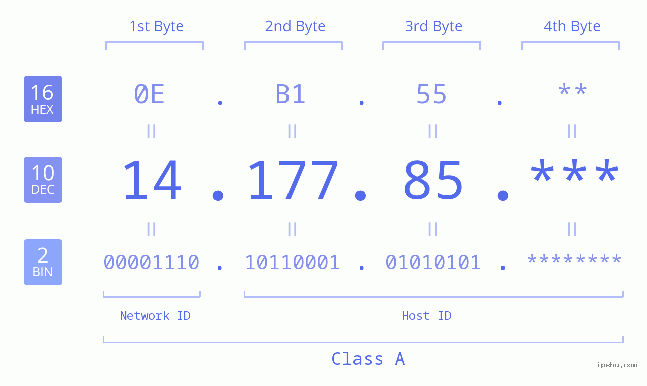IP Address: 14.177.85 Data Structure Chart BIN DEC HEX IPv4: 14.177.85 Network Class, Net ID, Host ID