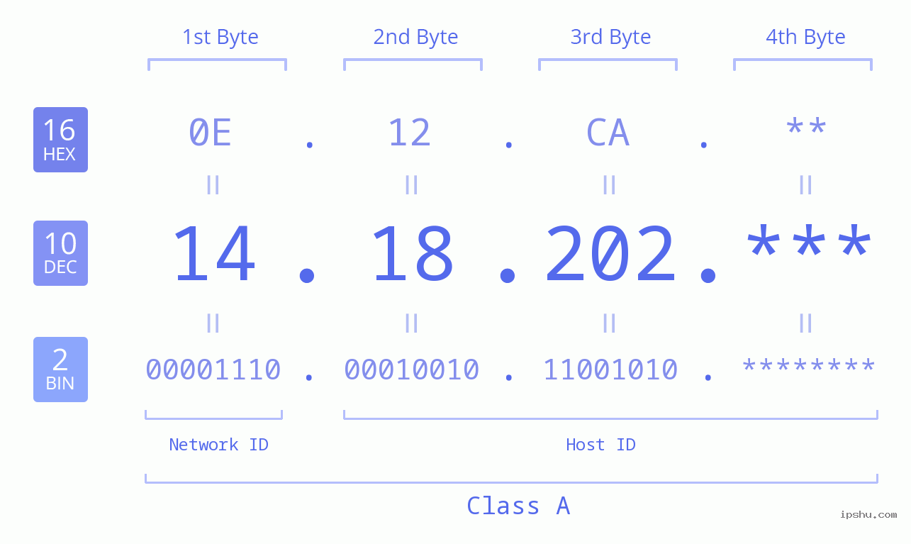 IP Address: 14.18.202 Data Structure Chart BIN DEC HEX IPv4: 14.18.202 Network Class, Net ID, Host ID