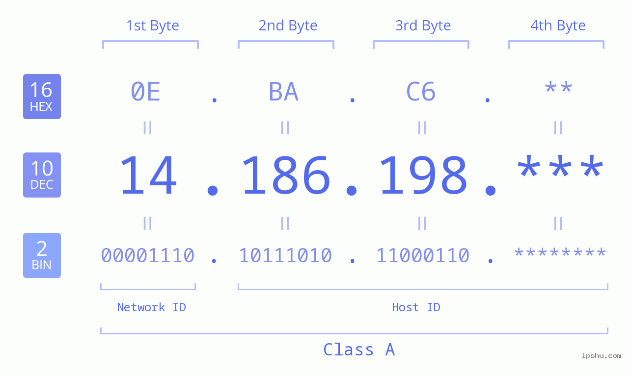 IP Address: 14.186.198 Data Structure Chart BIN DEC HEX IPv4: 14.186.198 Network Class, Net ID, Host ID