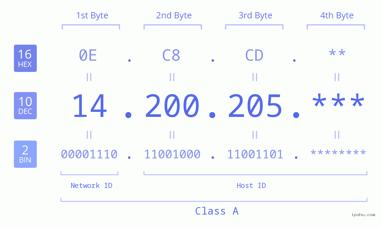 IP Address: 14.200.205 Data Structure Chart BIN DEC HEX IPv4: 14.200.205 Network Class, Net ID, Host ID