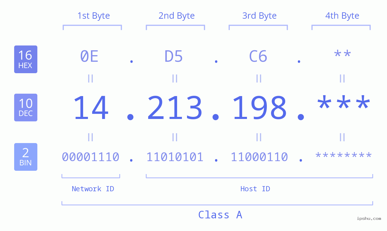 IP Address: 14.213.198 Data Structure Chart BIN DEC HEX IPv4: 14.213.198 Network Class, Net ID, Host ID