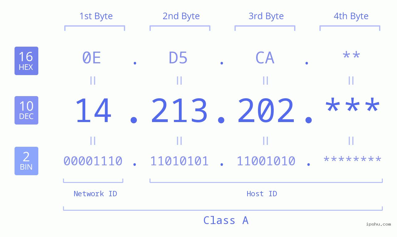 IP Address: 14.213.202 Data Structure Chart BIN DEC HEX IPv4: 14.213.202 Network Class, Net ID, Host ID