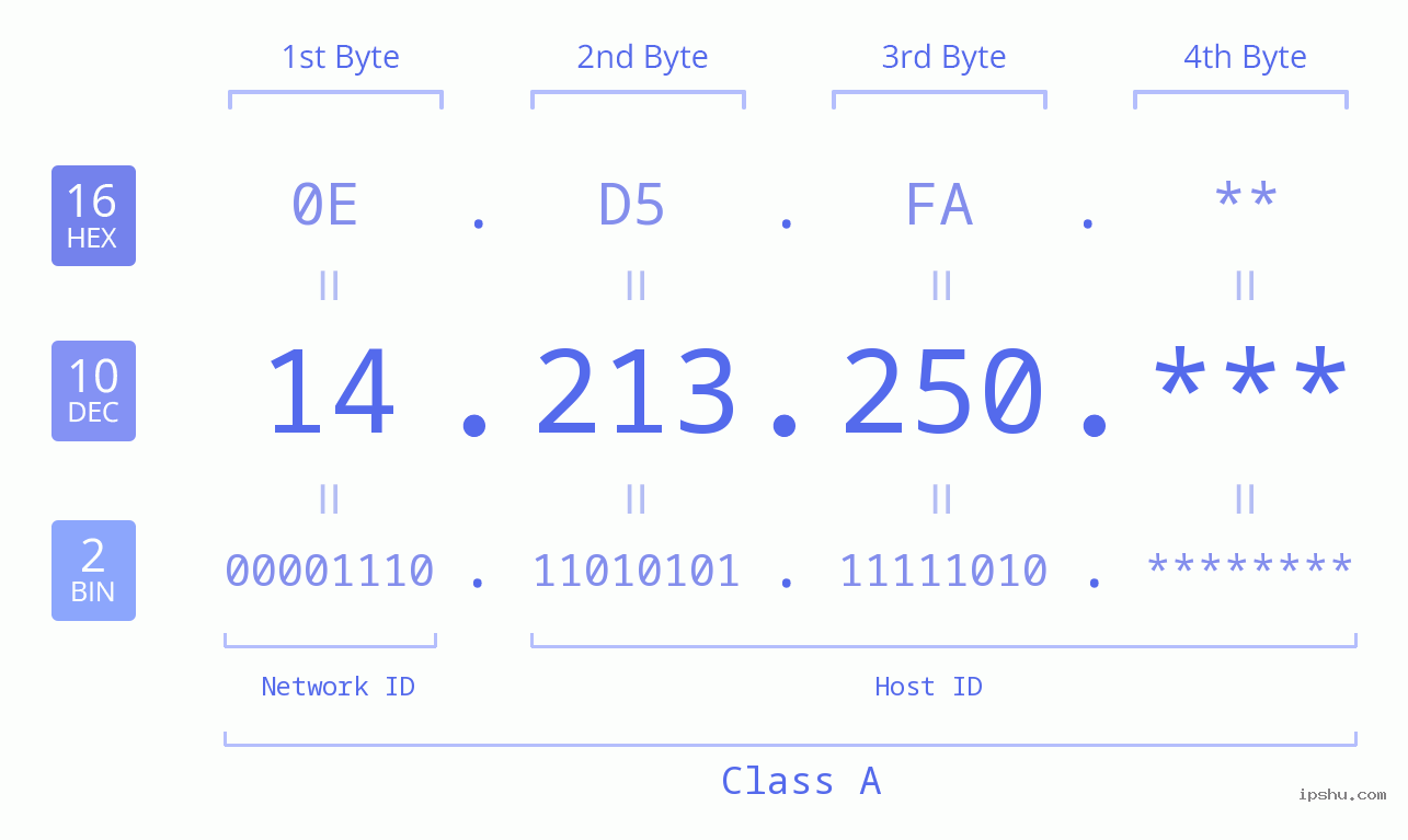 IP Address: 14.213.250 Data Structure Chart BIN DEC HEX IPv4: 14.213.250 Network Class, Net ID, Host ID