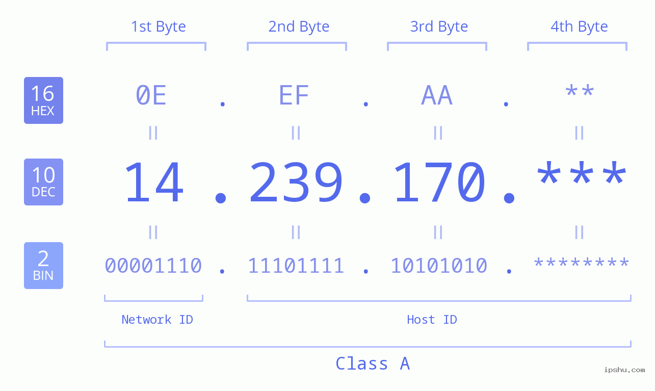 IP Address: 14.239.170 Data Structure Chart BIN DEC HEX IPv4: 14.239.170 Network Class, Net ID, Host ID