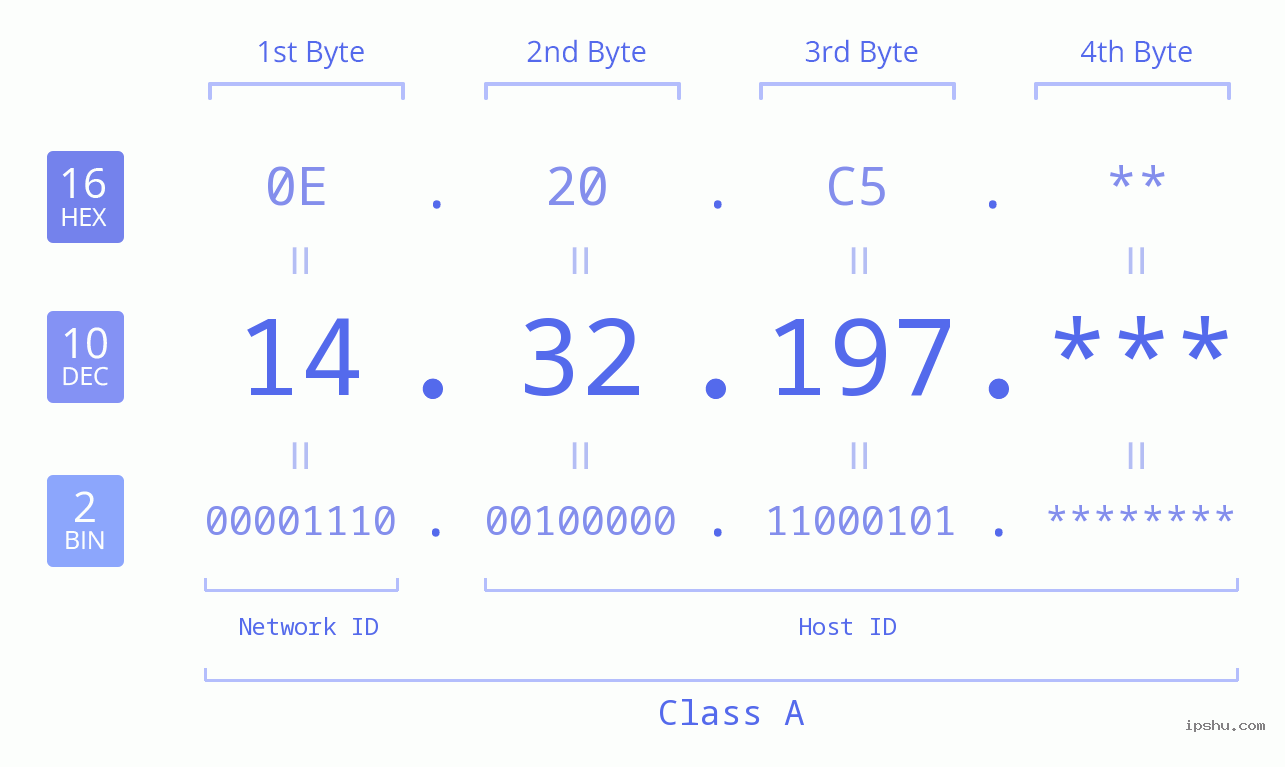 IP Address: 14.32.197 Data Structure Chart BIN DEC HEX IPv4: 14.32.197 Network Class, Net ID, Host ID
