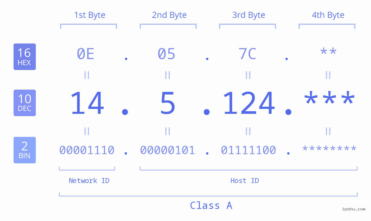IP Address: 14.5.124 Data Structure Chart BIN DEC HEX IPv4: 14.5.124 Network Class, Net ID, Host ID
