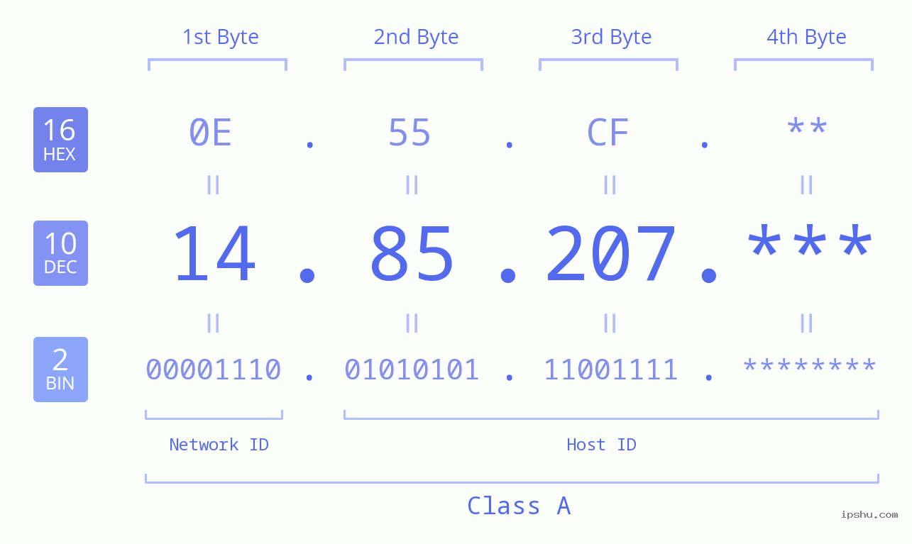 IP Address: 14.85.207 Data Structure Chart BIN DEC HEX IPv4: 14.85.207 Network Class, Net ID, Host ID