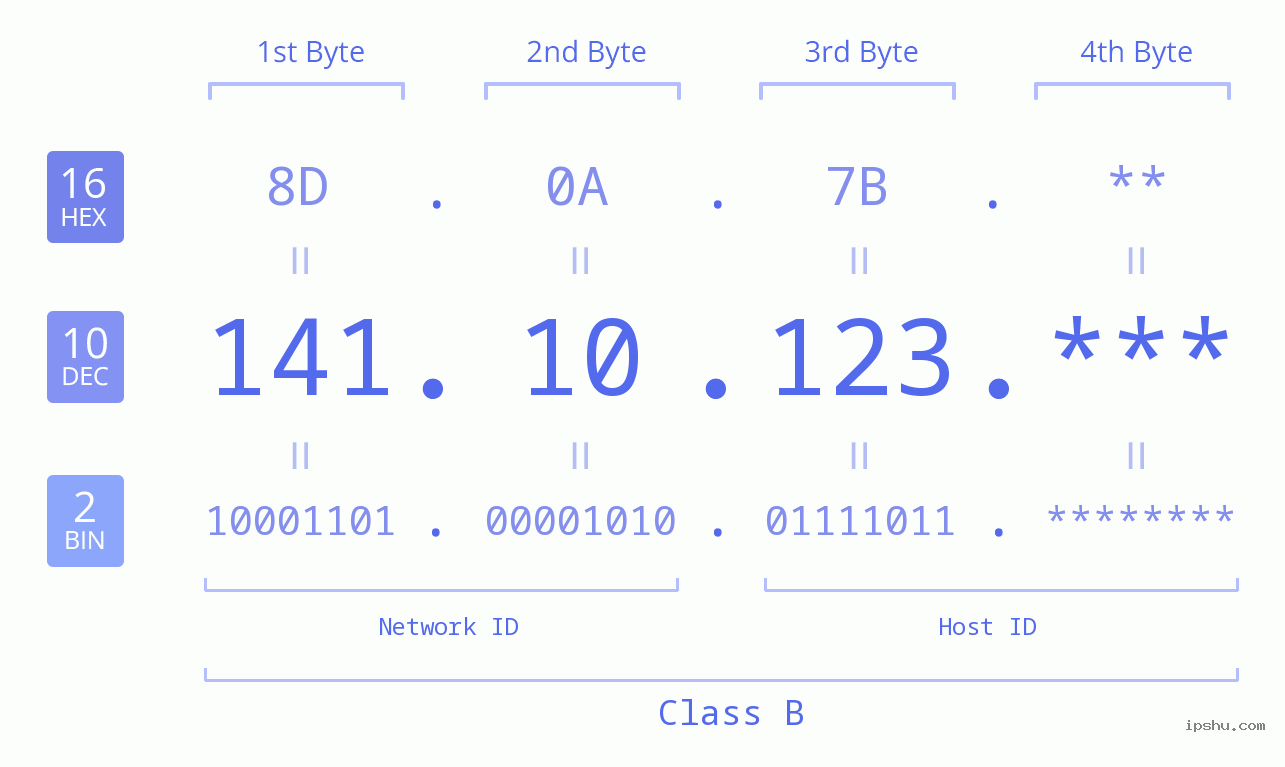 IP Address: 141.10.123 Data Structure Chart BIN DEC HEX IPv4: 141.10.123 Network Class, Net ID, Host ID