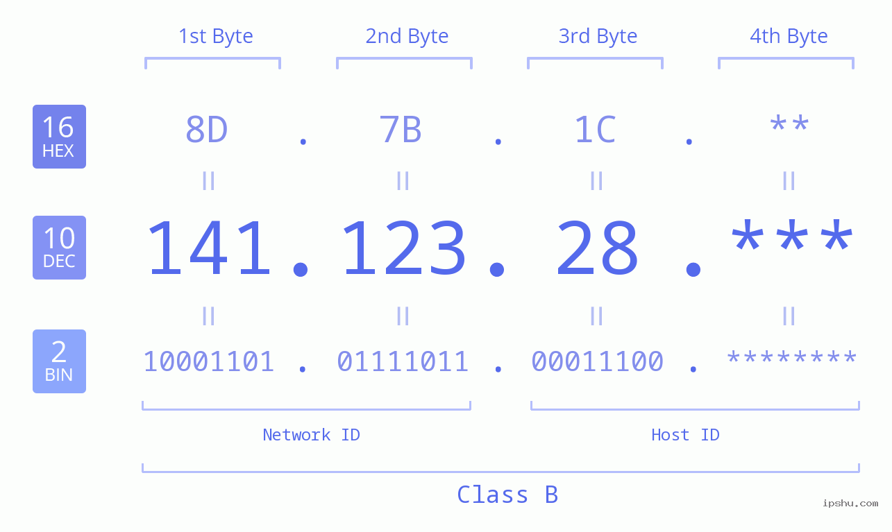IP Address: 141.123.28 Data Structure Chart BIN DEC HEX IPv4: 141.123.28 Network Class, Net ID, Host ID