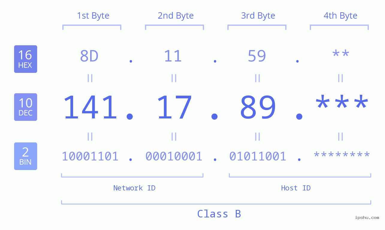 IP Address: 141.17.89 Data Structure Chart BIN DEC HEX IPv4: 141.17.89 Network Class, Net ID, Host ID