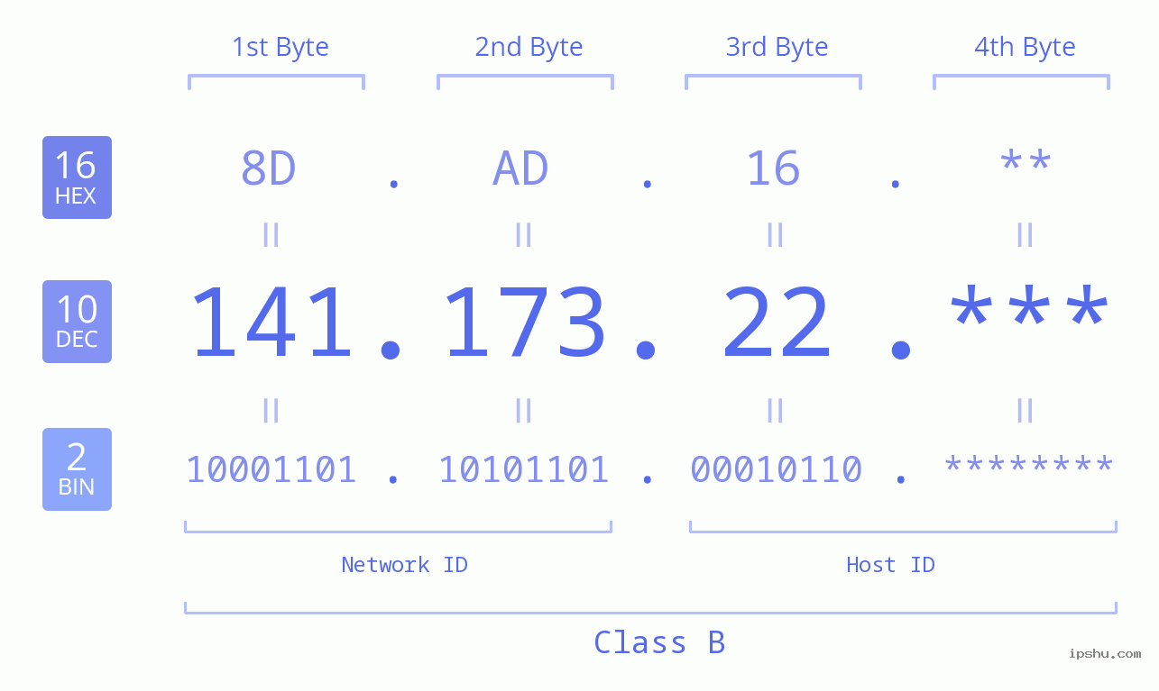 IP Address: 141.173.22 Data Structure Chart BIN DEC HEX IPv4: 141.173.22 Network Class, Net ID, Host ID