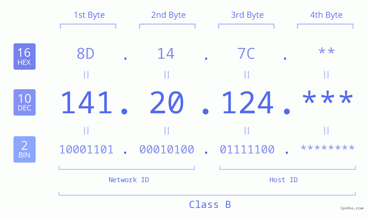IP Address: 141.20.124 Data Structure Chart BIN DEC HEX IPv4: 141.20.124 Network Class, Net ID, Host ID