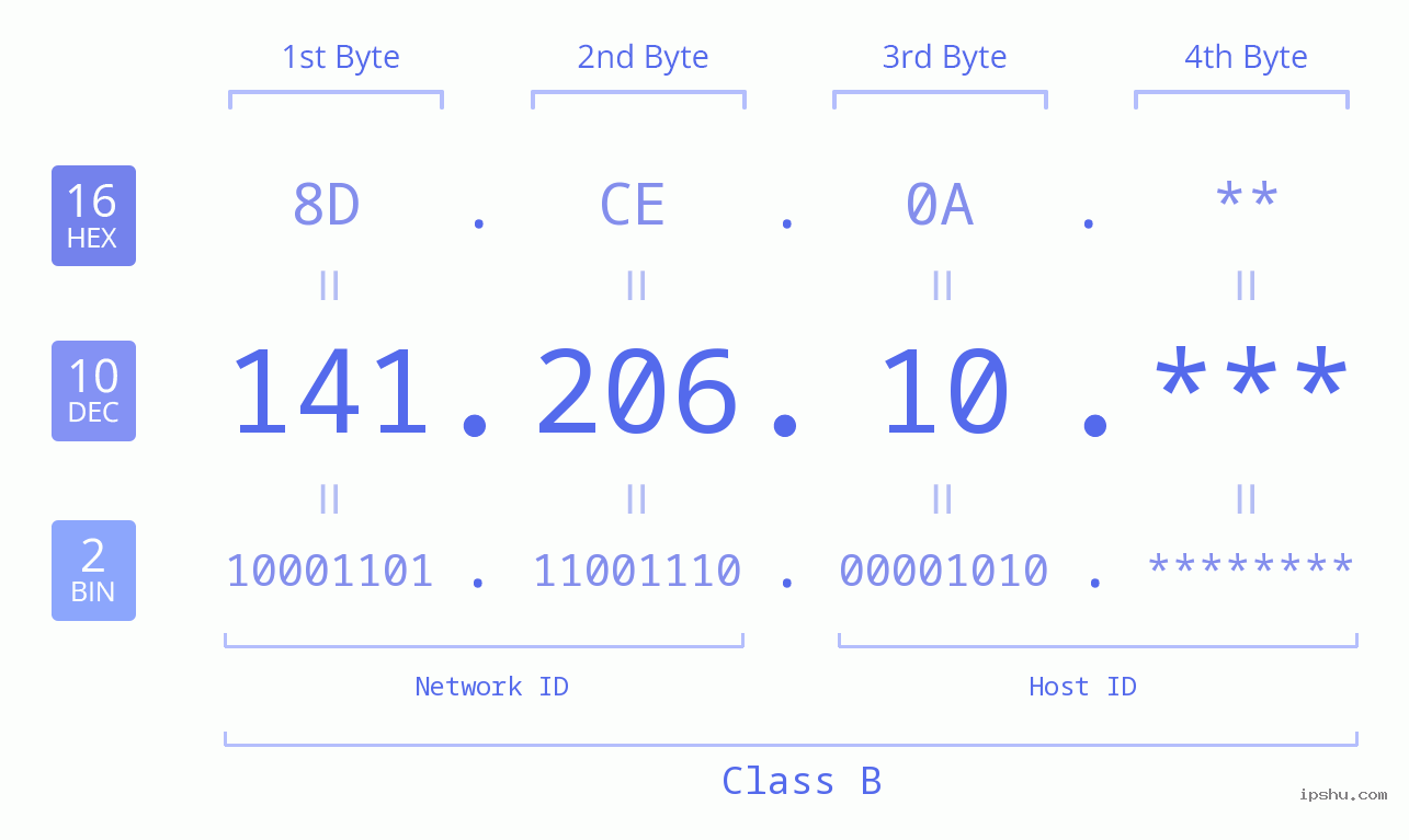 IP Address: 141.206.10 Data Structure Chart BIN DEC HEX IPv4: 141.206.10 Network Class, Net ID, Host ID