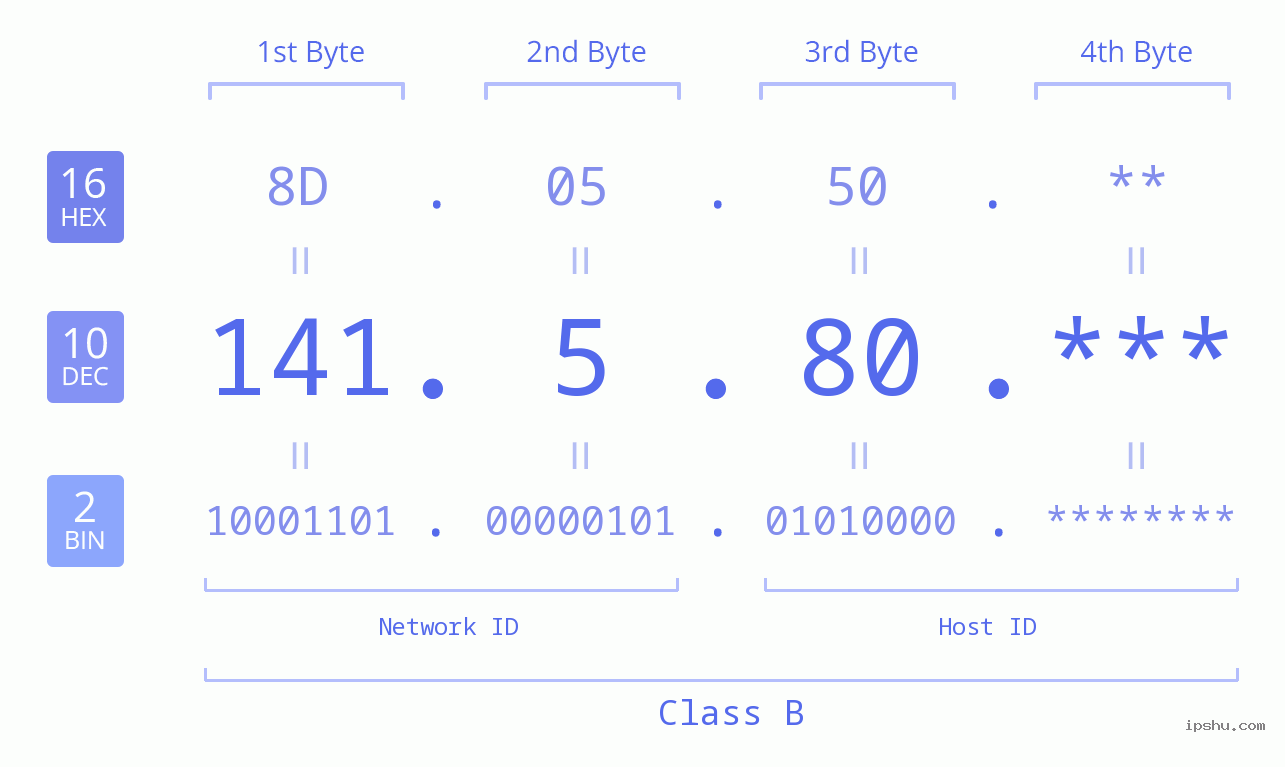 IP Address: 141.5.80 Data Structure Chart BIN DEC HEX IPv4: 141.5.80 Network Class, Net ID, Host ID