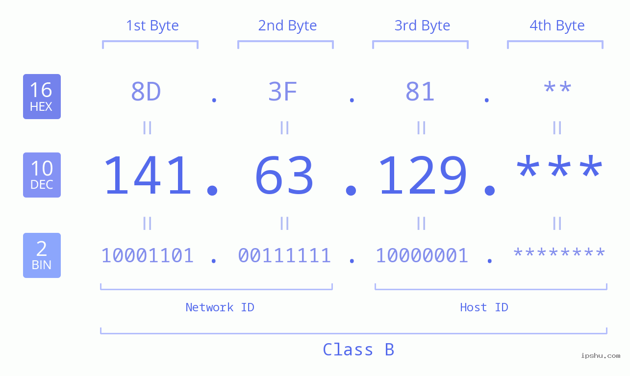 IP Address: 141.63.129 Data Structure Chart BIN DEC HEX IPv4: 141.63.129 Network Class, Net ID, Host ID