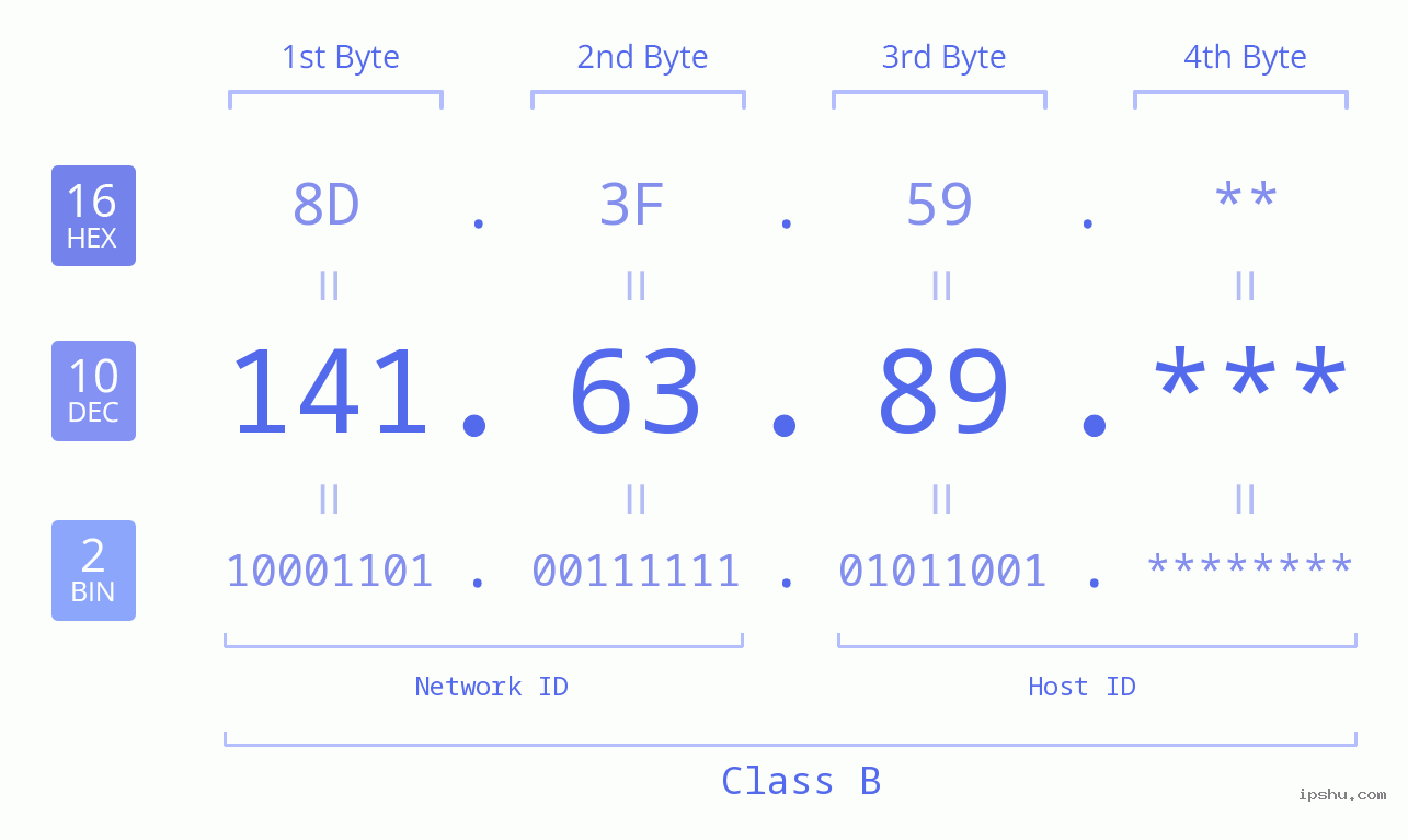 IP Address: 141.63.89 Data Structure Chart BIN DEC HEX IPv4: 141.63.89 Network Class, Net ID, Host ID