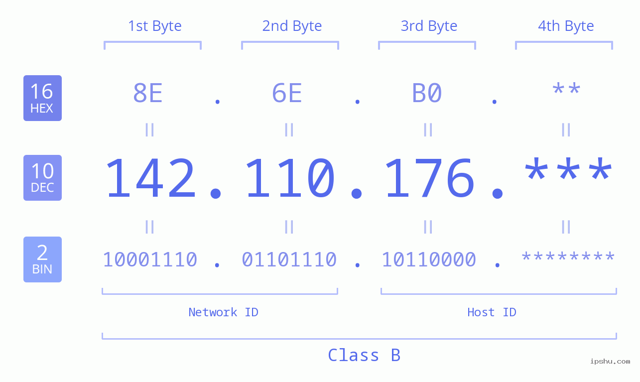IP Address: 142.110.176 Data Structure Chart BIN DEC HEX IPv4: 142.110.176 Network Class, Net ID, Host ID