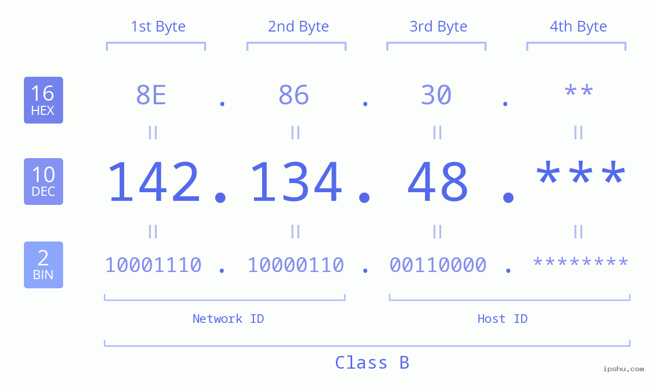 IP Address: 142.134.48 Data Structure Chart BIN DEC HEX IPv4: 142.134.48 Network Class, Net ID, Host ID