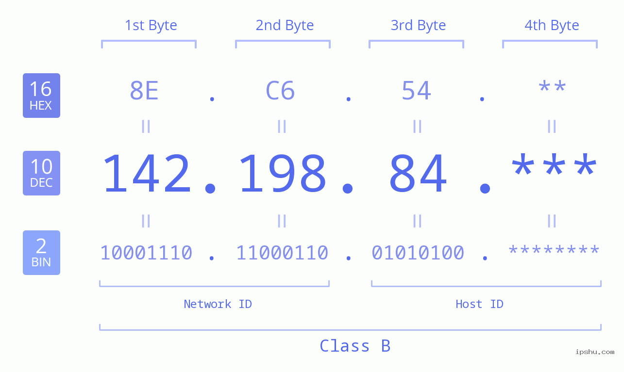 IP Address: 142.198.84 Data Structure Chart BIN DEC HEX IPv4: 142.198.84 Network Class, Net ID, Host ID