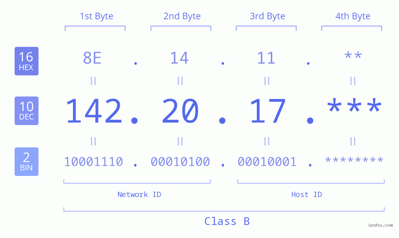 IP Address: 142.20.17 Data Structure Chart BIN DEC HEX IPv4: 142.20.17 Network Class, Net ID, Host ID