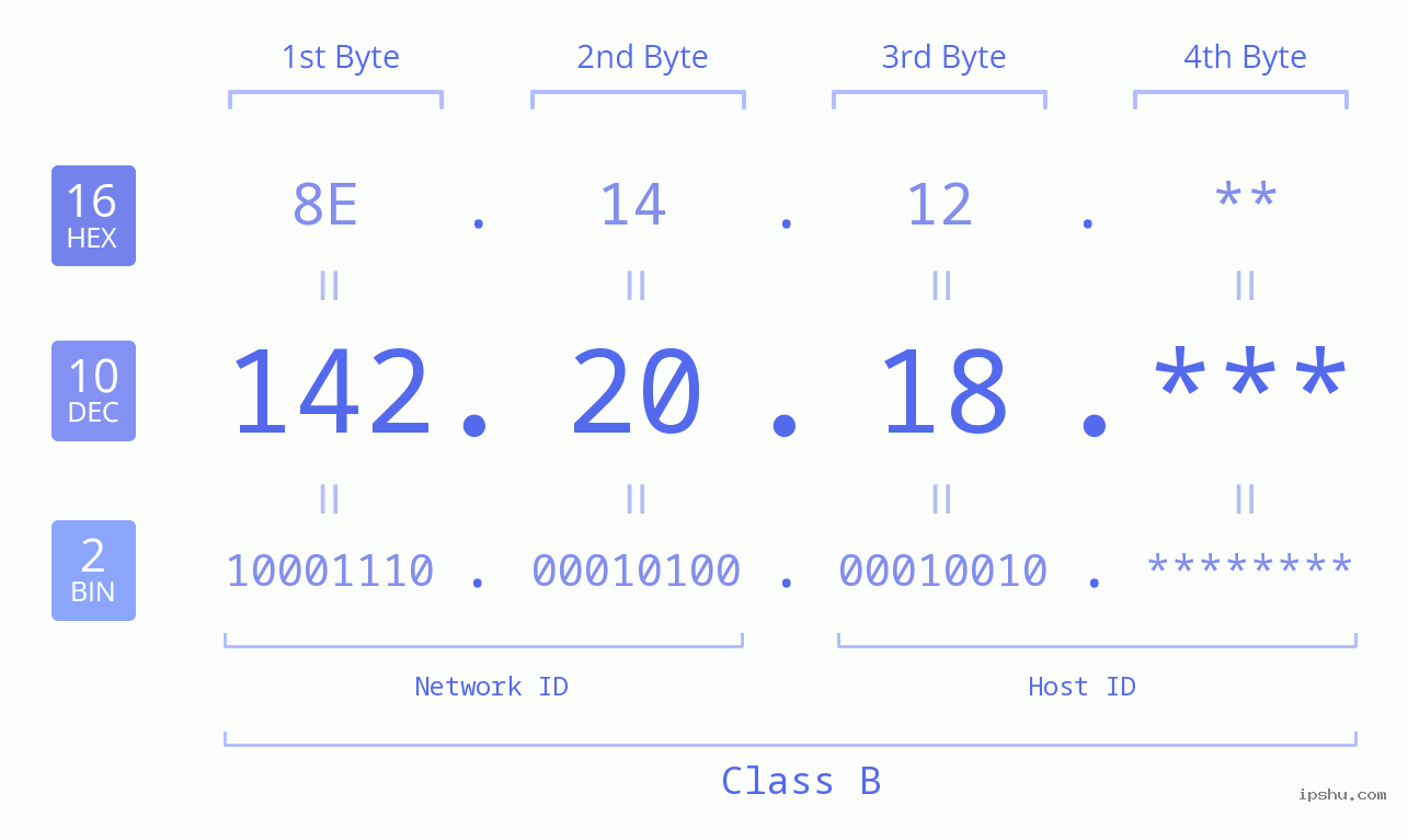 IP Address: 142.20.18 Data Structure Chart BIN DEC HEX IPv4: 142.20.18 Network Class, Net ID, Host ID