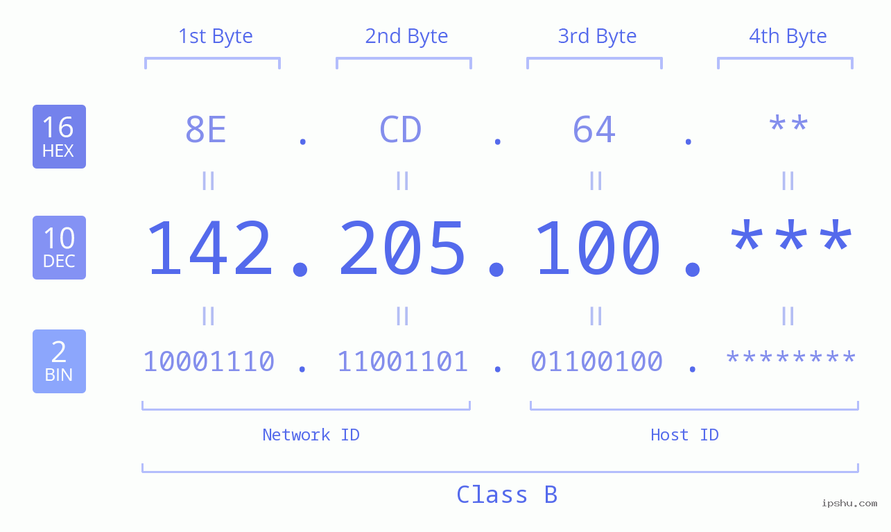 IP Address: 142.205.100 Data Structure Chart BIN DEC HEX IPv4: 142.205.100 Network Class, Net ID, Host ID