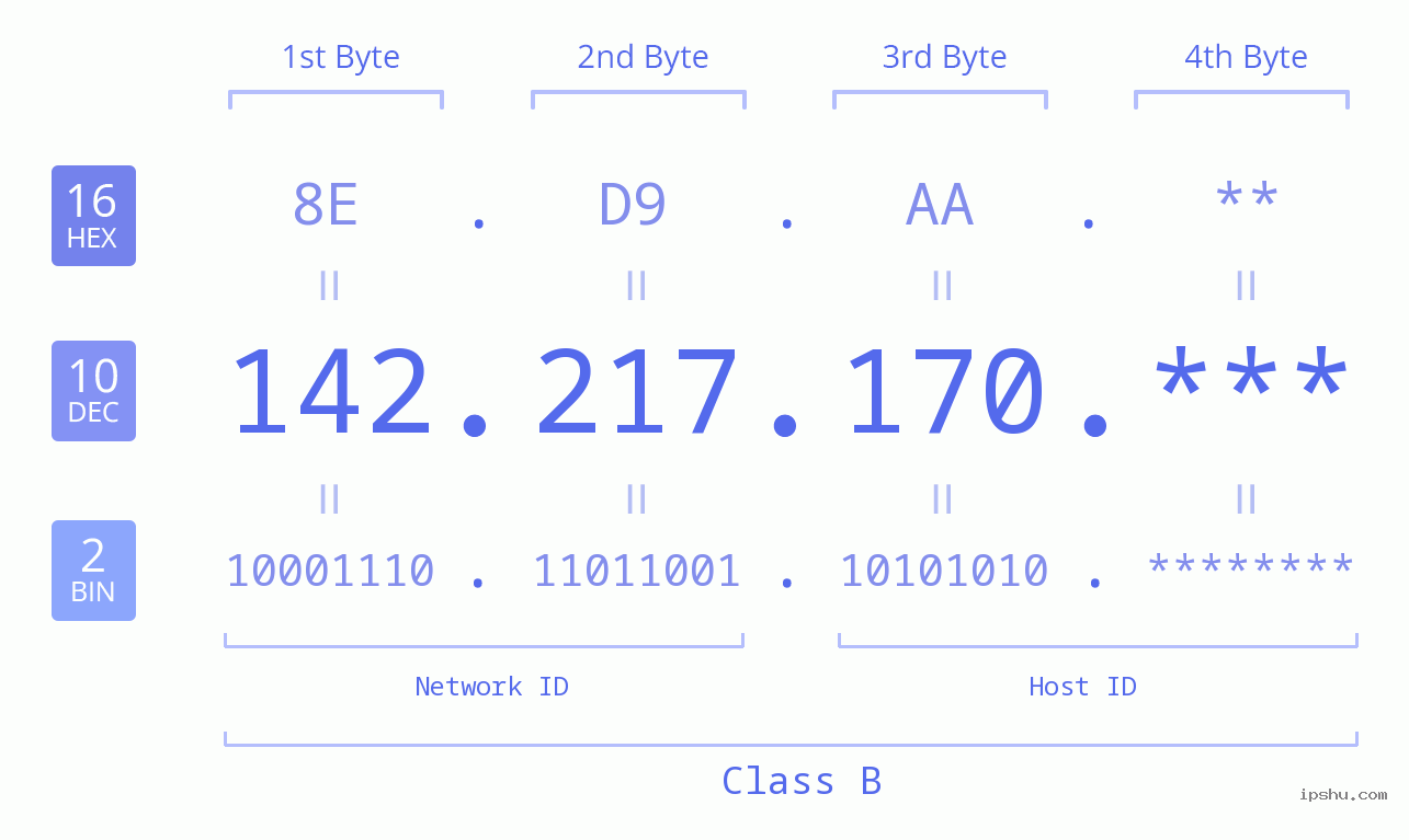 IP Address: 142.217.170 Data Structure Chart BIN DEC HEX IPv4: 142.217.170 Network Class, Net ID, Host ID