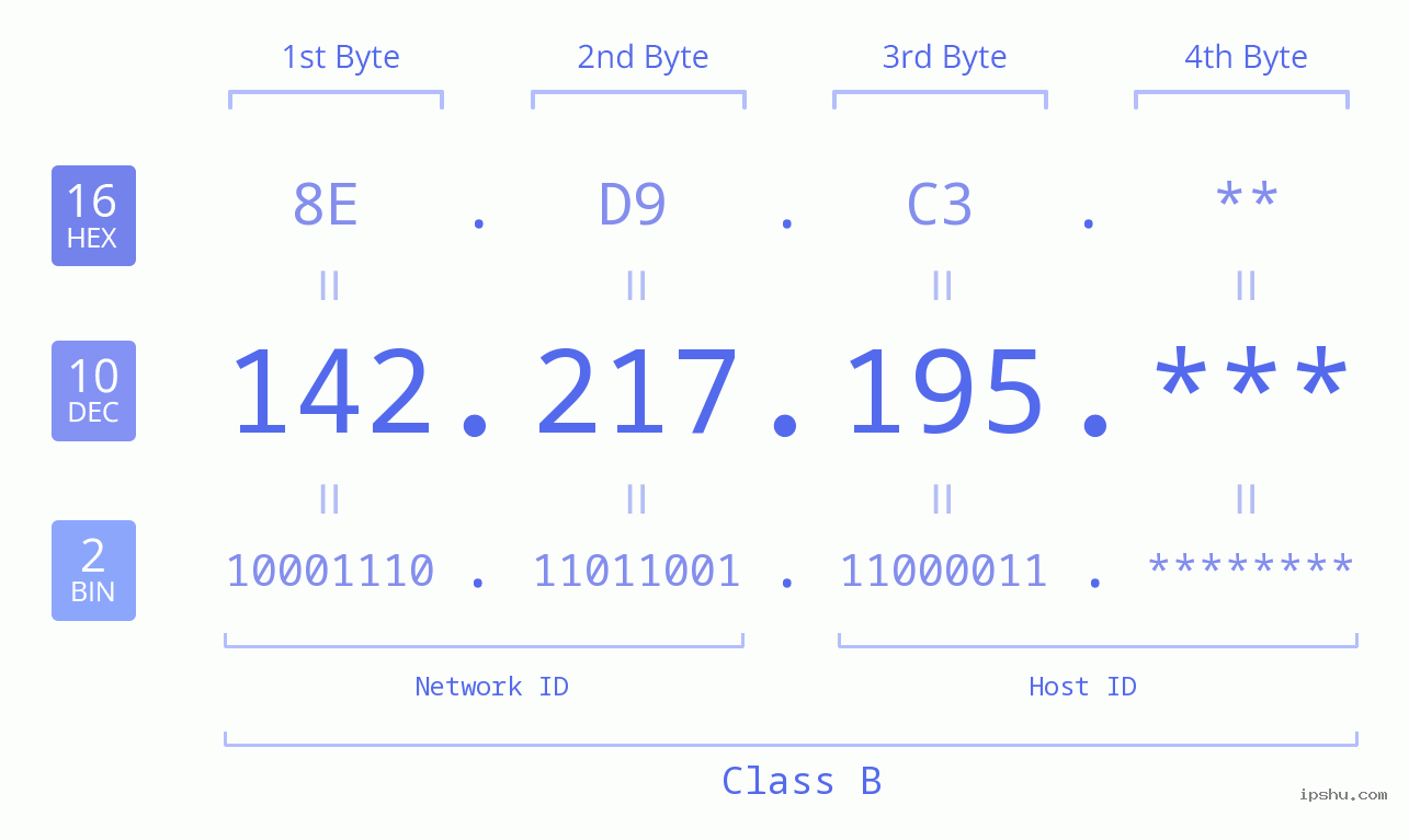 IP Address: 142.217.195 Data Structure Chart BIN DEC HEX IPv4: 142.217.195 Network Class, Net ID, Host ID