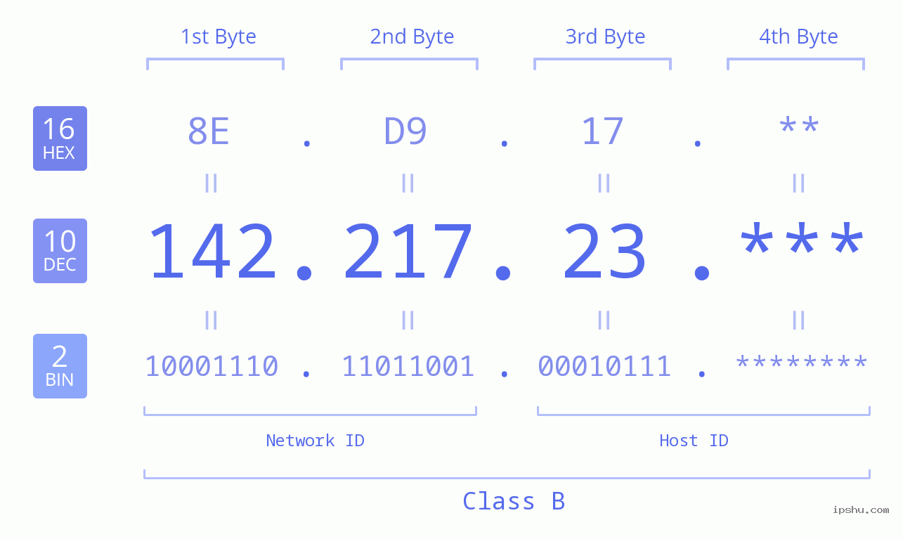 IP Address: 142.217.23 Data Structure Chart BIN DEC HEX IPv4: 142.217.23 Network Class, Net ID, Host ID