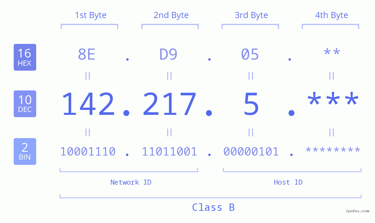 IP Address: 142.217.5 Data Structure Chart BIN DEC HEX IPv4: 142.217.5 Network Class, Net ID, Host ID